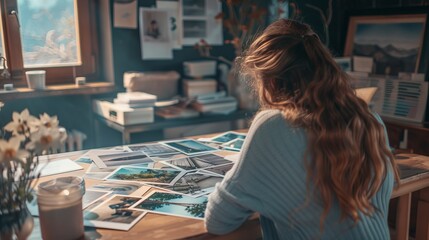 A young woman is engrossed in reviewing various photographs scattered on her desk in a home workspace surrounded by numerous photos and plants, creating an artistic and tranquil environment.