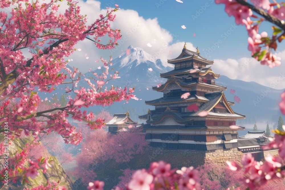 Poster a large building with a tower on top of it, pink cherry blossom tree with an ancient japanese castle