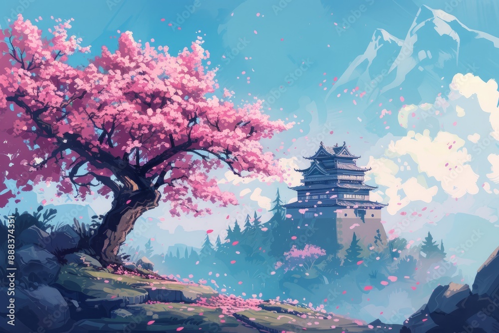 Aufkleber a large building with a tower on top of it, pink cherry blossom tree with an ancient japanese castle