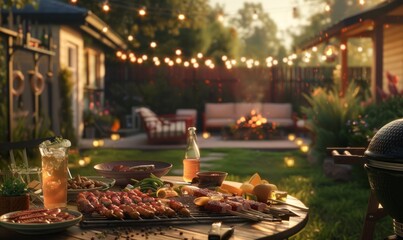 Fototapeta premium Barbecue party in a backyard with grilled food, drinks, and casual outdoor seating