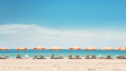 Obraz premium Sunny beach landscape with colorful umbrellas and lounging chairs