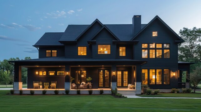 suburban farmhouse exterior with a modern twist, featuring dark painted wood, contemporary lighting, and clean lines
