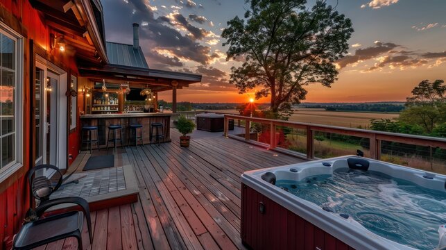 rustic suburban farmhouse with an expansive deck area, featuring a jacuzzi, outdoor bar, and panoramic views of the sunset over the fields