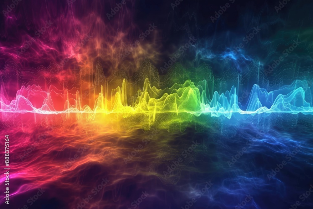 Poster a rainbow colored wave of smoke in the dark, representation of the electromagnetic spectrum