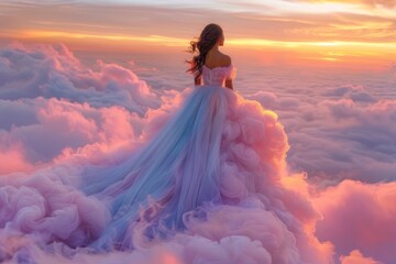 Surreal scene of a woman in a flowing gown above the clouds at sunset capturing fantasy elegance and ethereal beauty in a vibrant dreamlike setting