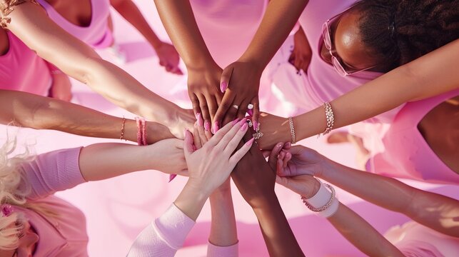 Hands of a diverse group of people joined together in solidarity, symbolizing unity, friendship, and support, against a pink backdrop highlighting collaborative strength.