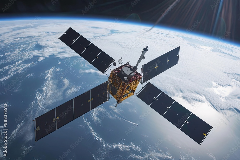 Poster a satellite in the air with a sun shining over it, satellite orbiting around the earth, capturing si