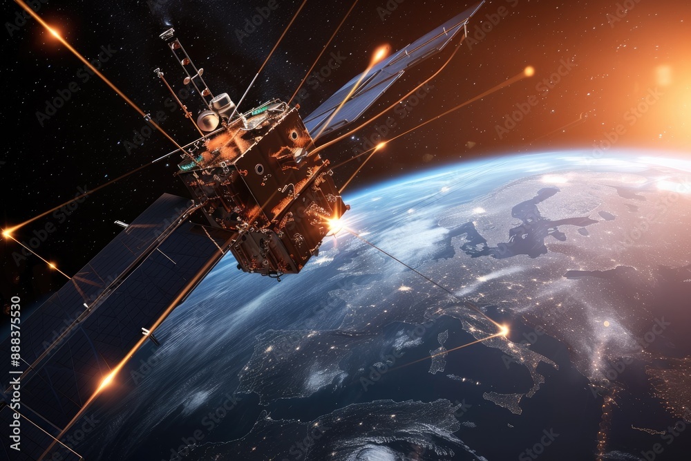 Poster a satellite in the air with a sun shining over it, satellite orbiting around the earth, capturing si