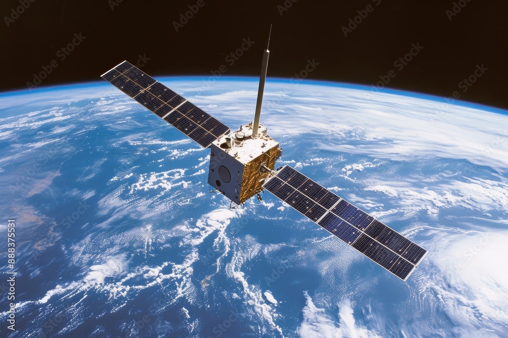 Poster a satellite in the air with a sun shining over it, satellite orbiting around the earth, capturing si