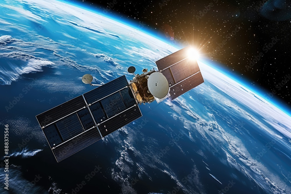 Poster a satellite in the air with a sun shining over it, satellite orbiting around the earth, capturing si