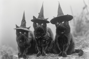 black and white vintage horror photo of three black cats wearing witch hats sitting on a graveyard wall, Halloween concept.