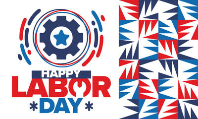 Obraz premium Happy Labor Day. Public federal holiday, celebrate annual in United States. American labor movement. Patriotic american elements. Poster, card, banner and background. Vector illustration