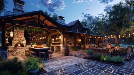 Obraz premium rustic suburban farmhouse with a covered outdoor kitchen, complete with a wood-fired pizza oven and a large dining area