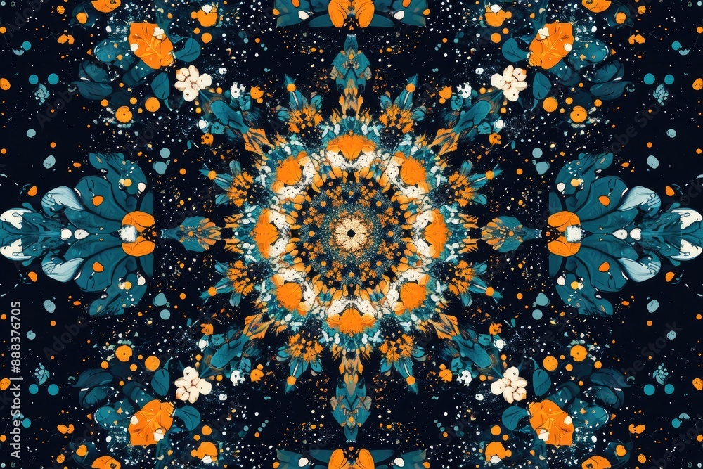 Poster a blue and orange flower pattern on a black background, symmetrical abstract pattern with repeating 