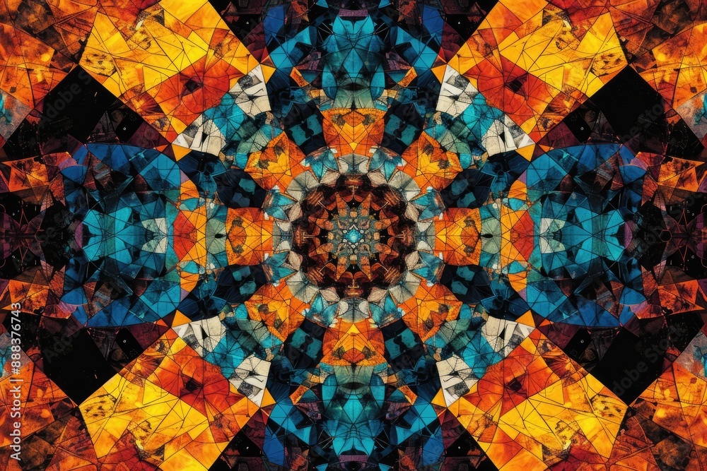 Poster a blue and orange flower pattern on a black background, symmetrical abstract pattern with repeating elements