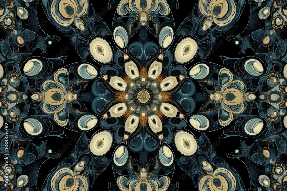 Fototapete a blue and orange flower pattern on a black background, symmetrical abstract pattern with repeating 