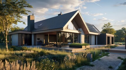 modern suburban farmhouse with an integrated workshop, showing a sleek design that contrasts with the traditional farmhouse aesthetic