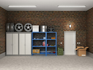 The interior suburban garage with wheels and boxes.