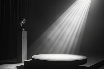 a trophy sitting on top of a table under a light, Concert stage illuminated with dazzling array of spotlights and strobes