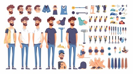 Obraz premium This image features a variety of modern, illustrated characters equipped with tools and accessories, displaying various professions and activities related to construction and repair.