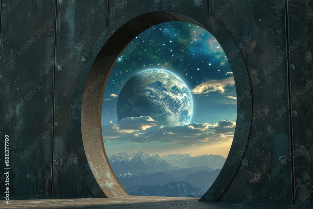 Poster a view of the earth through a window, view of the universe through large keyhole