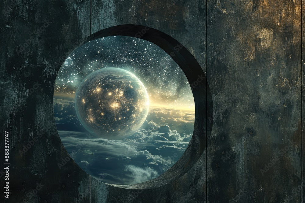 Poster a view of the earth through a window, view of the universe through large keyhole