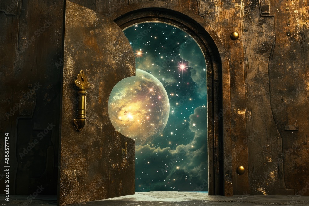 Poster a view of the earth through a window, view of the universe through large keyhole