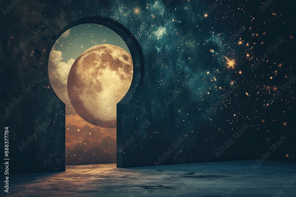 Poster a view of the earth through a window, view of the universe through large keyhole