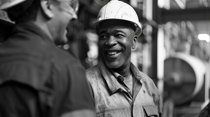 A black and white image featuring a worker wearing a helmet and work clothes, smiling and engaged in conversation with a colleague inside a factory setting.