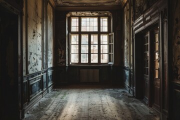 Fototapeta premium Ghost Room. Dark Abandoned Interior in an Old Building with Large Window