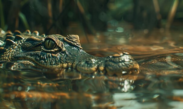 Crocodile lurking in swampy water, scaly skin and stealthy presence, wild animals in their natural habitat