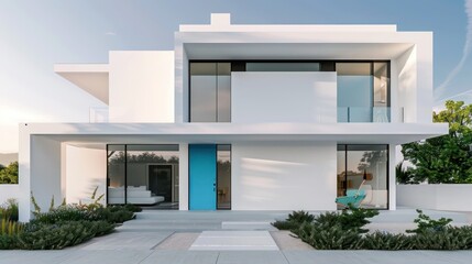 modern suburban farmhouse with a minimalist exterior, clean lines, and an all-white fa? section ade, complemented by a vibrant blue front door