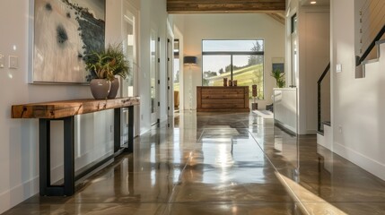 modern suburban farmhouse entryway with polished concrete floors, a high ceiling, and a striking wooden console table