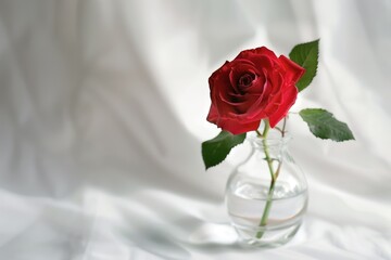 Fototapeta premium Single Flower In Vase. Beautiful Red Rose in Glass Vase on White Background