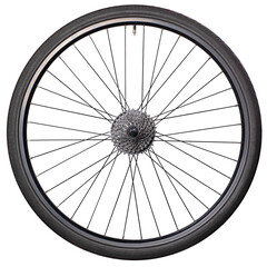 Rear bicycle wheel with freewheel sprocket. Isolated background.