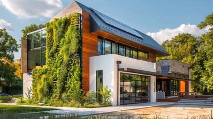 modern suburban farmhouse with an eco-friendly design, including a living wall, solar panels, and sustainable materials throughout