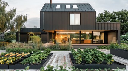 Fototapeta premium modern suburban farmhouse with sleek, minimalist design, featuring a black facade, angular lines, and an organized vegetable garden in the front yard