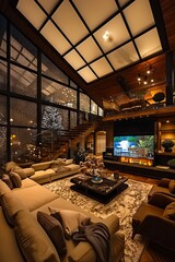 Naklejka premium A modern living room with large windows and a fireplace.
