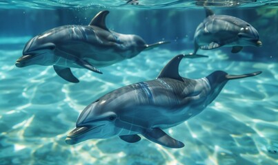 Fototapeta premium Dolphin pod swimming in clear blue water, playful leaps and sleek bodies, wild animals in their natural habitat