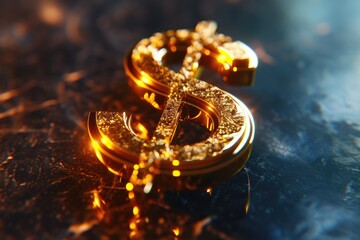 a golden dollar sign is shown on a black surface, Glistening gold 3D dollar sign icon