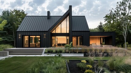 Obraz premium modern suburban farmhouse featuring a sleek black exterior, contrasted by natural wood accents and minimalist landscaping