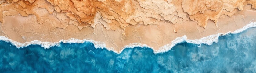Fototapeta premium Aerial view of a sandy beach meeting a vibrant blue sea with gentle waves. Perfect for travel, nature, and coastal themes.