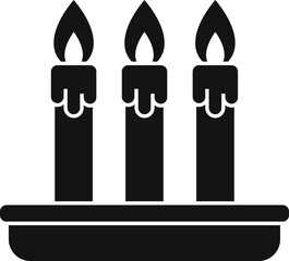 Black silhouette icon of three burning candles standing on a decorative tray