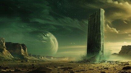 A desolate landscape with a large rock in the foreground