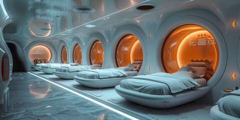 Futuristic spa with sensory deprivation tanks and AI therapists
