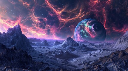 A colorful space scene with a large planet in the background