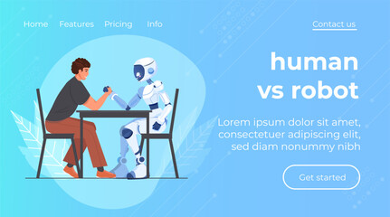 Artificial intelligence vs human. Technologies and competition concept. Hands of human and robot competing in strength power fighting technologies against humans. For web banner, infographics.
