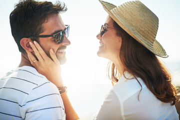 Happy, couple and vacation for love, sunglasses and smile for summer, tropical and relax in...