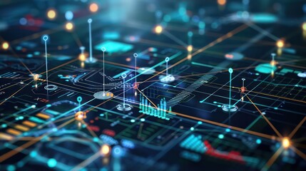 bstract financial network showing interconnected nodes representing different corporate divisions and their financial links