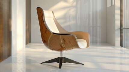 A wooden chair with a white cushion sits in a room with a white wall